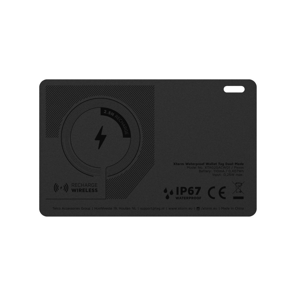 Tył Xtorm Waterproof WalletTag z oznaczeniem ładowania bezprzewodowego i IP67